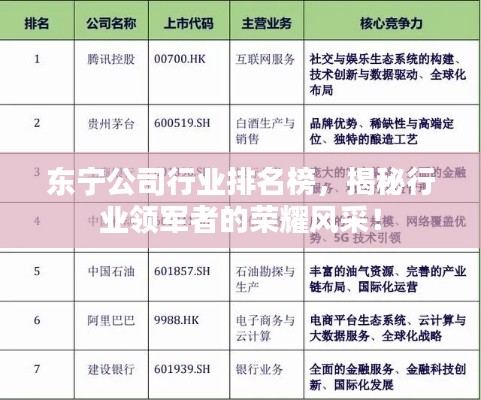 東寧公司行業(yè)排名榜，揭秘行業(yè)領(lǐng)軍者的榮耀風(fēng)采！